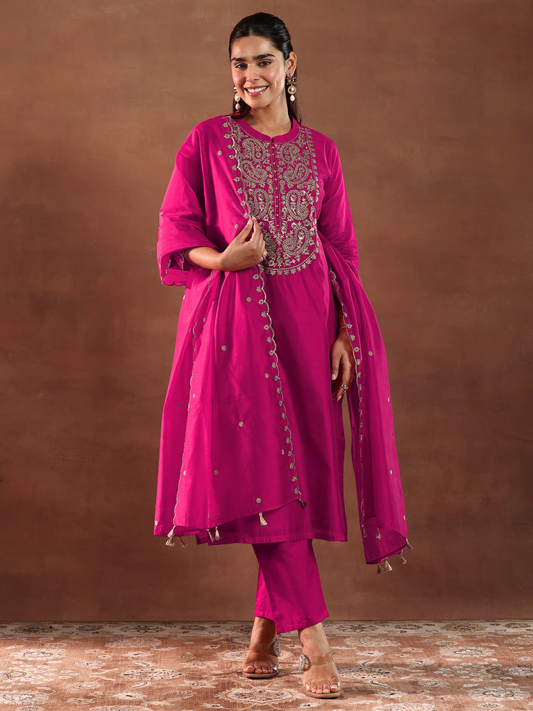 Libas Pink Yoke Design Chanderi Silk Straight Suit With Dupatta