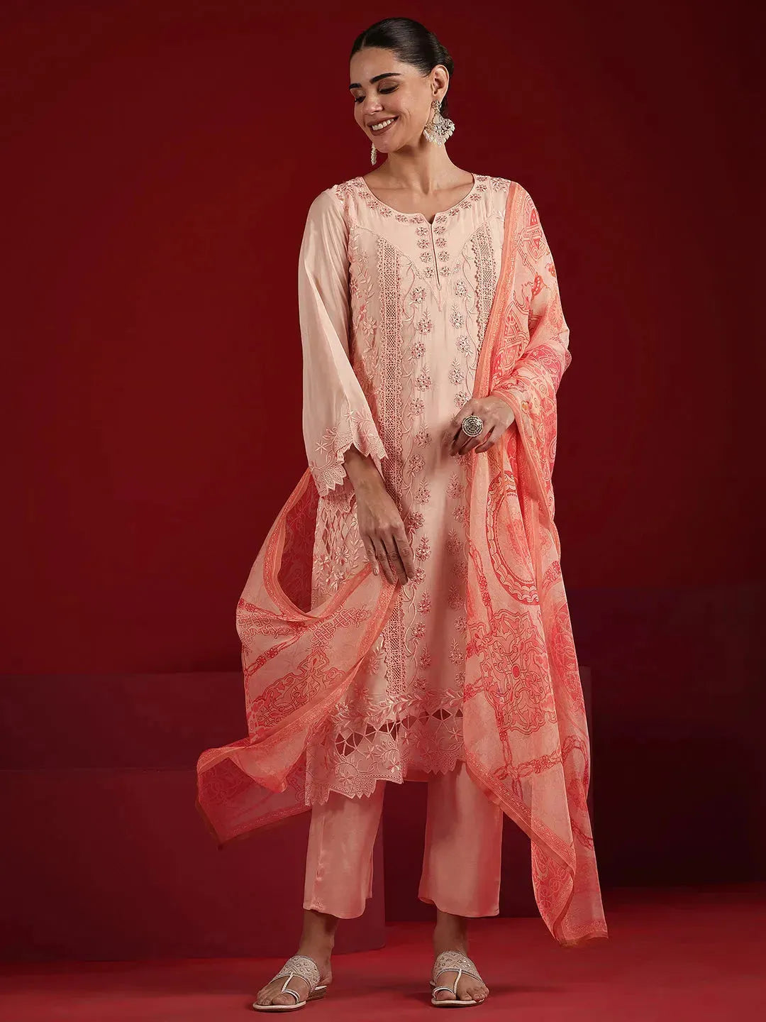  Libas Art Peach Embroidered Organza Straight Suit Set With Dupatta 