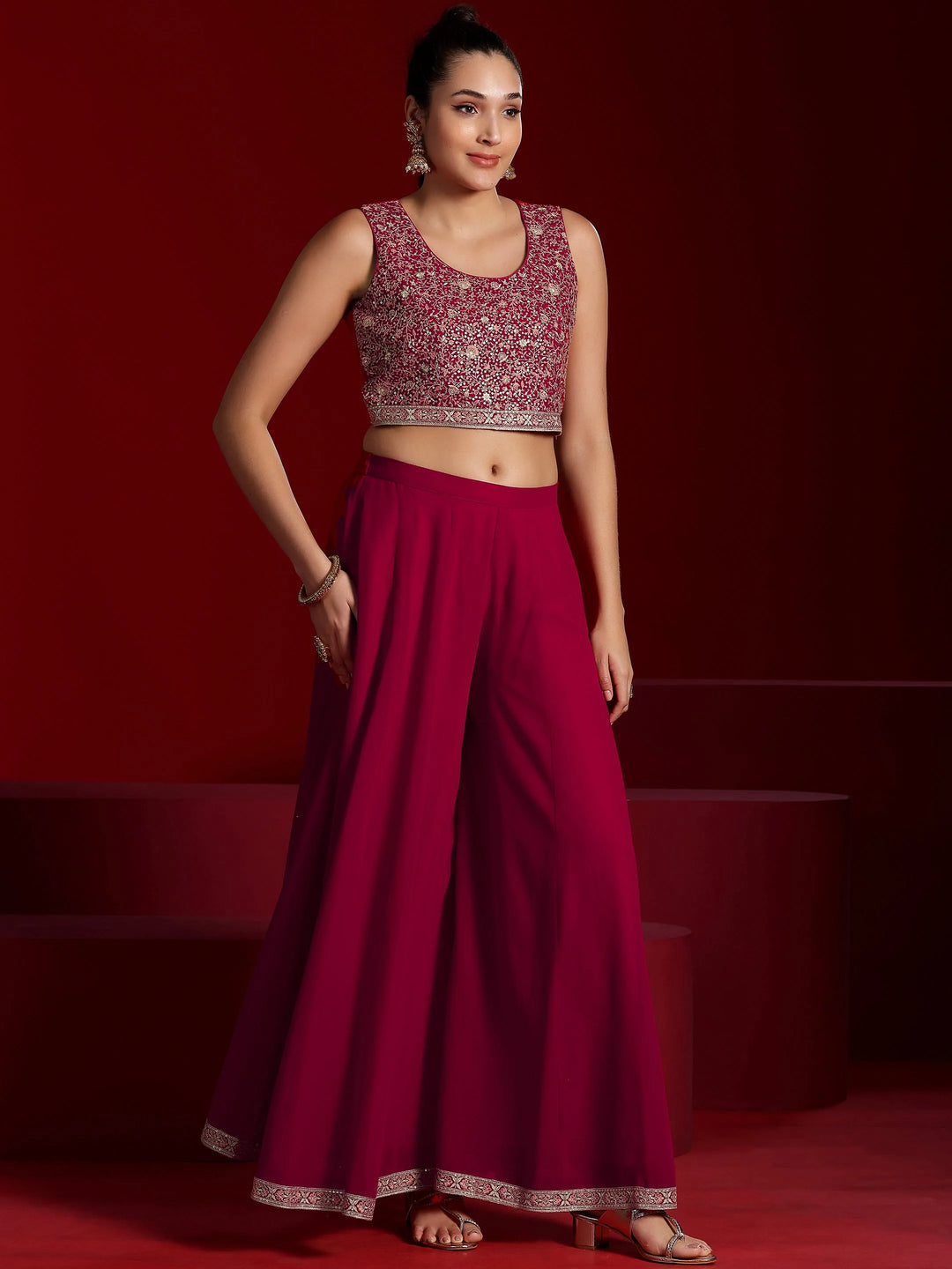  Libas Art Pink Embellished Silk Blend Co-Ords With Shrug 