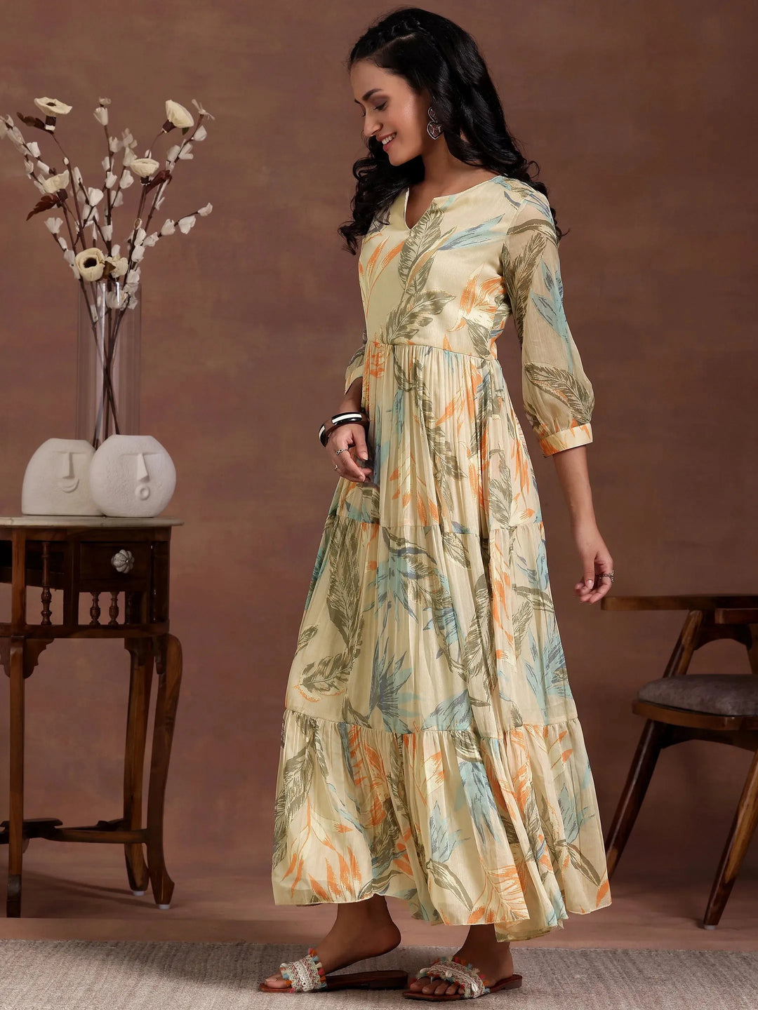  Beige Printed Chiffon Fit and Flare Dress 