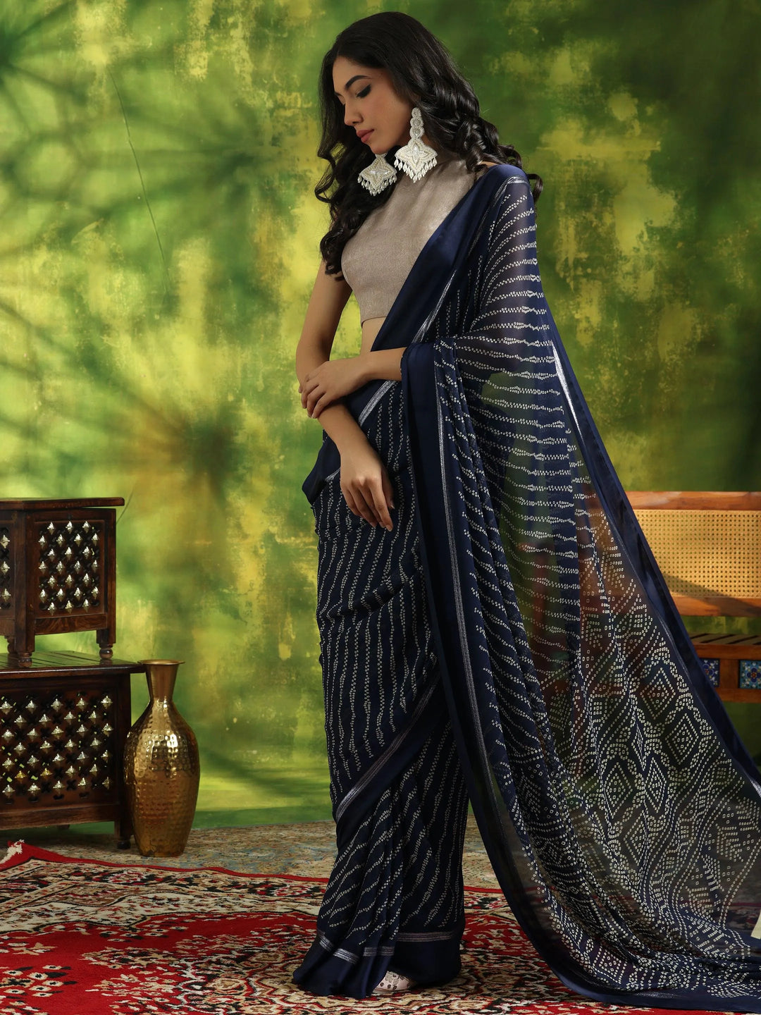 Blue Printed Satin Saree With Unstitched Blouse Piece - Libas 
