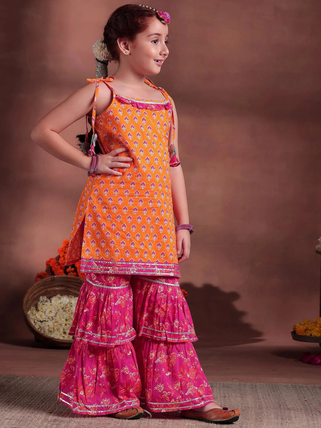  Kids Orange Printed Cotton Straight Suit With Dupatta 