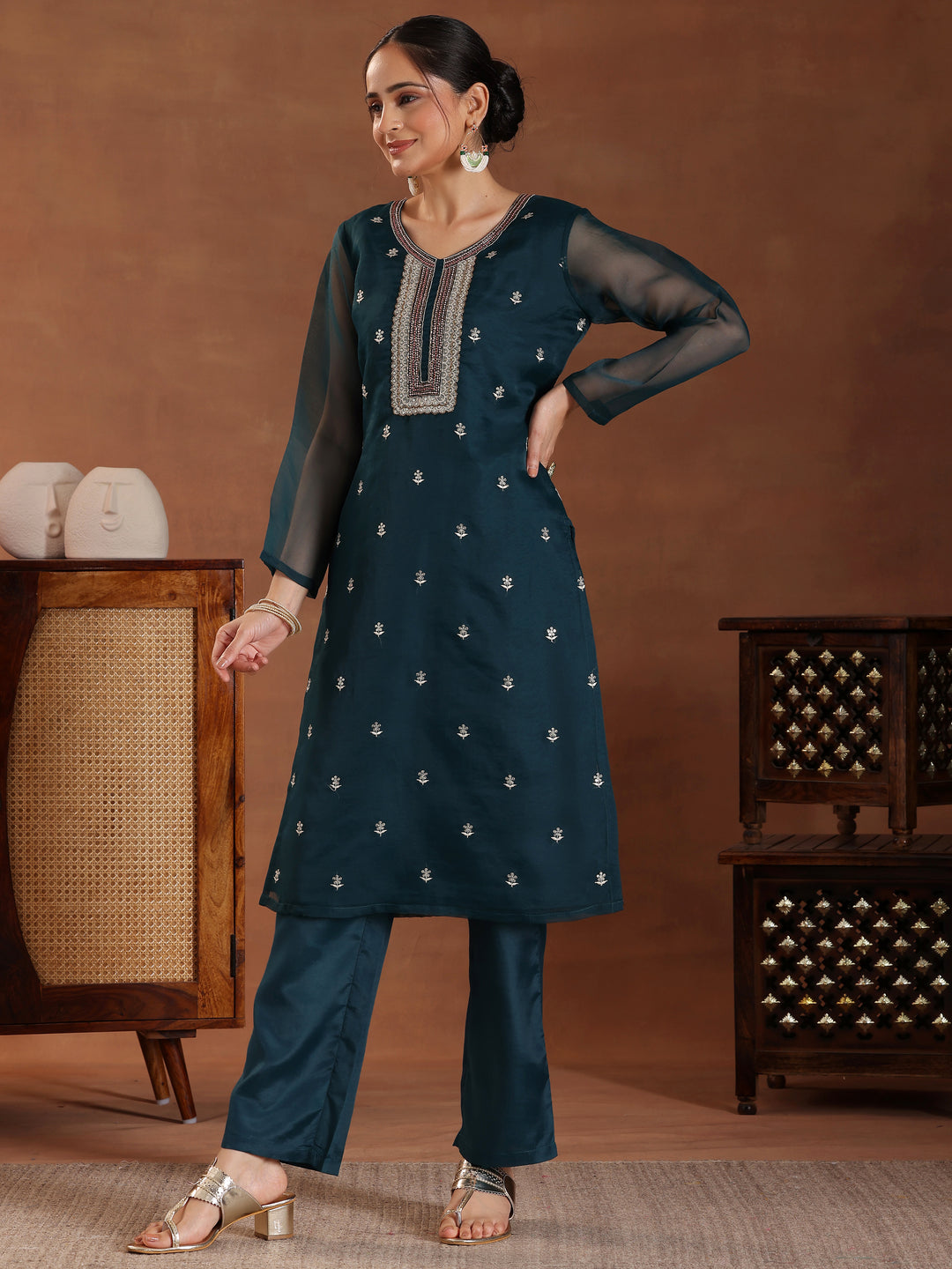  Green Embroidered Organza Straight Suit With Dupatta 