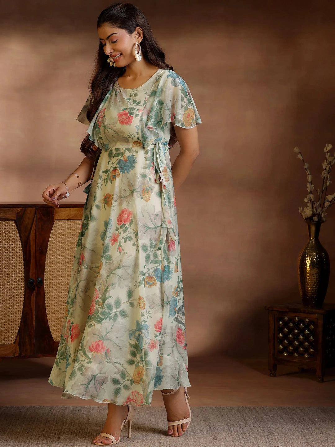  Off White Printed Polyester A-Line Dress 