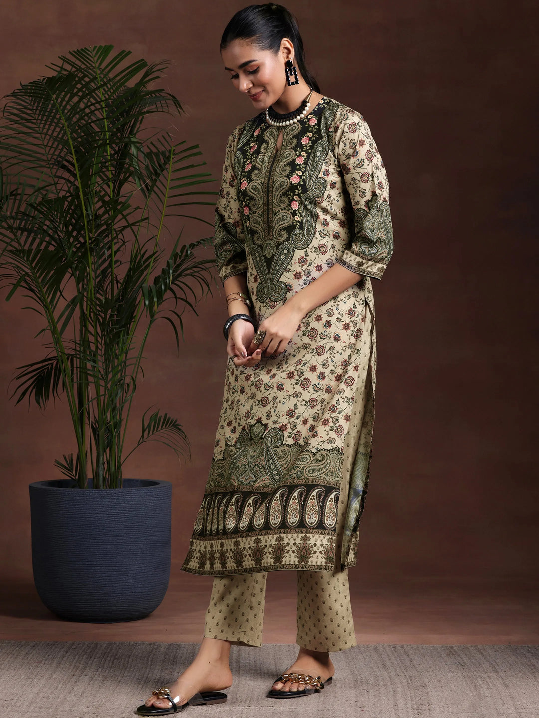  Beige Printed Poly Crepe Straight Suit With Dupatta 