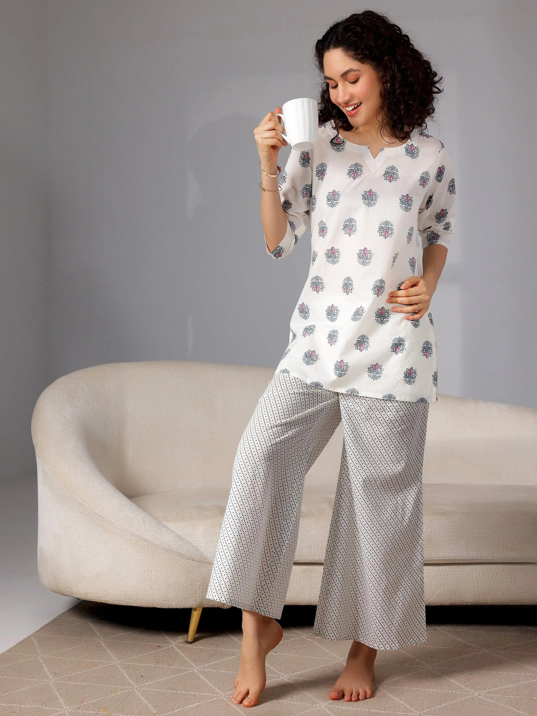 Cream Printed Cotton Night Suits - Libas 