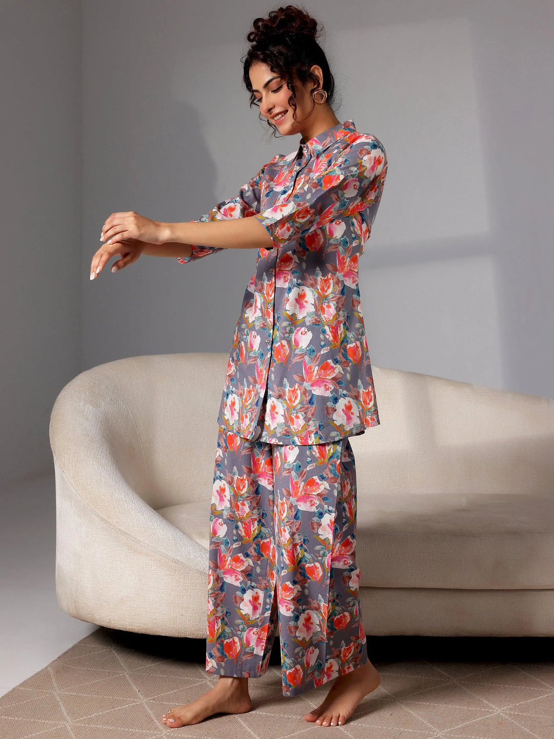 Grey Printed Cotton Night Suits - Libas 