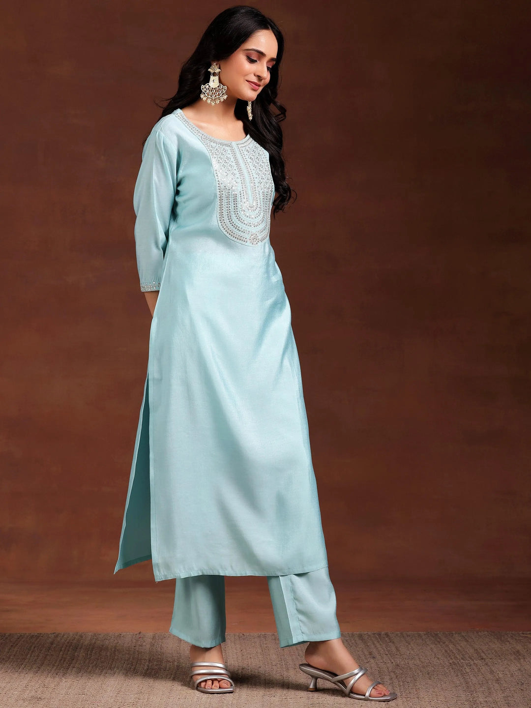 Blue Yoke Design Silk Blend Straight Suit With Dupatta - Libas 