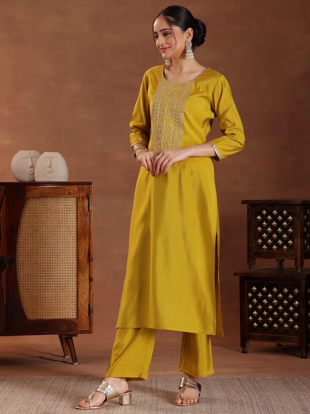 Mustard Yoke Design Silk Blend Straight Suit With Dupatta - Libas 