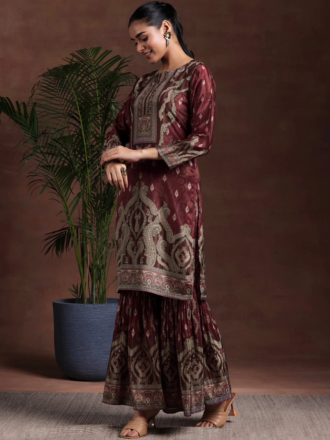  Brown Printed Silk Blend Straight Suit With Dupatta 