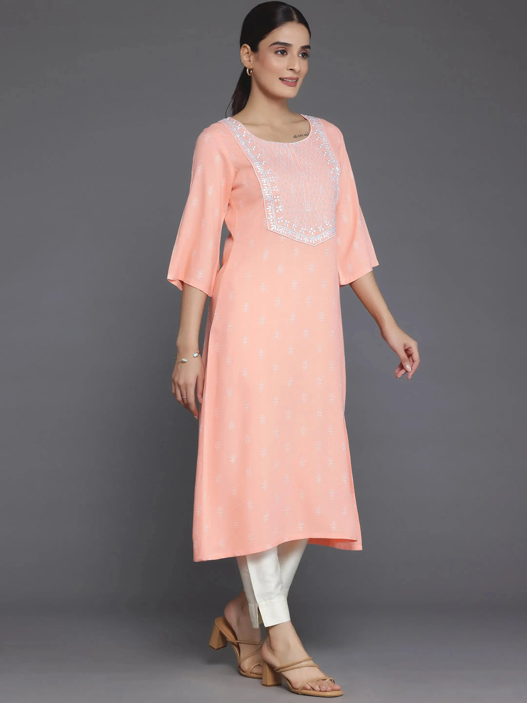  Peach Woven Design Rayon Straight Kurta 