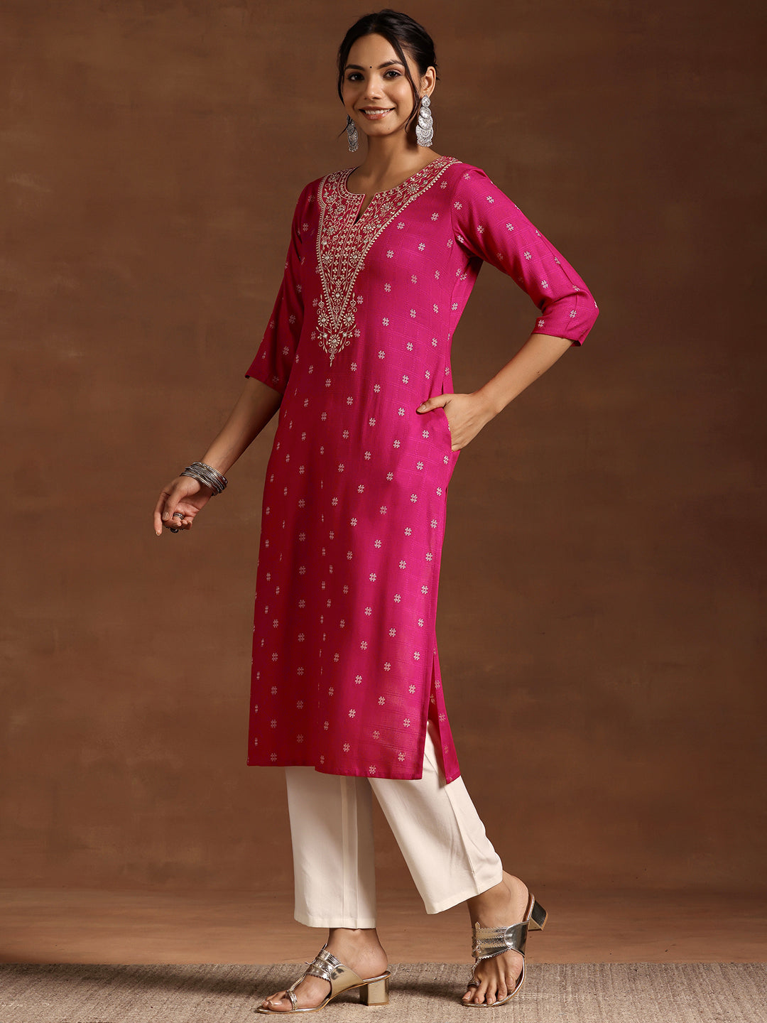  Pink Woven Design Rayon Straight Kurta 