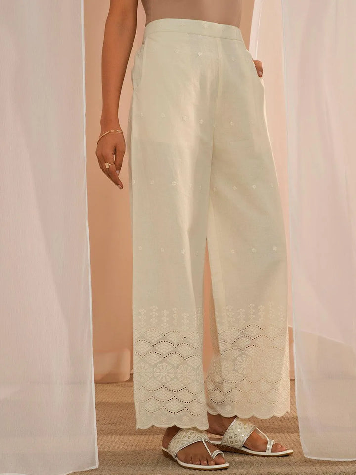 Off White Embroidered Cotton Wide Leg Palazzos - Libas