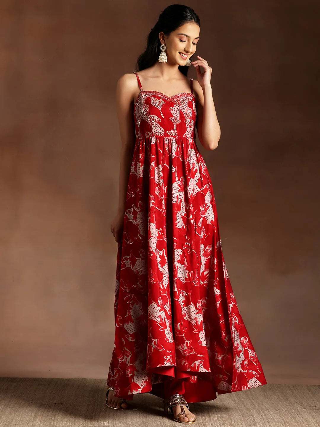  Red Printed Silk Blend Anarkali Suit With Dupatta 