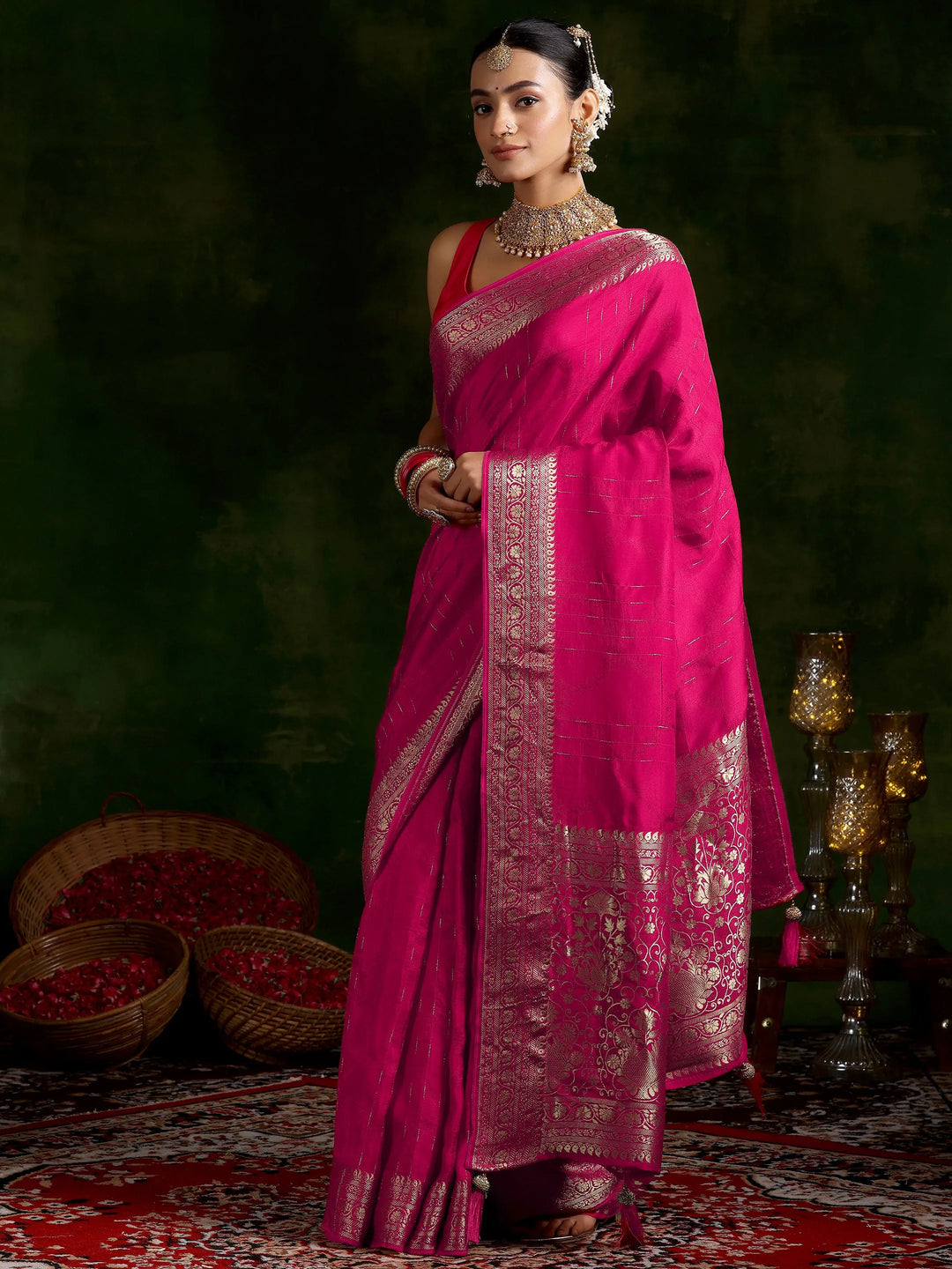 Pink Woven Design Silk Blend Saree With Unstitched Blouse Piece 
