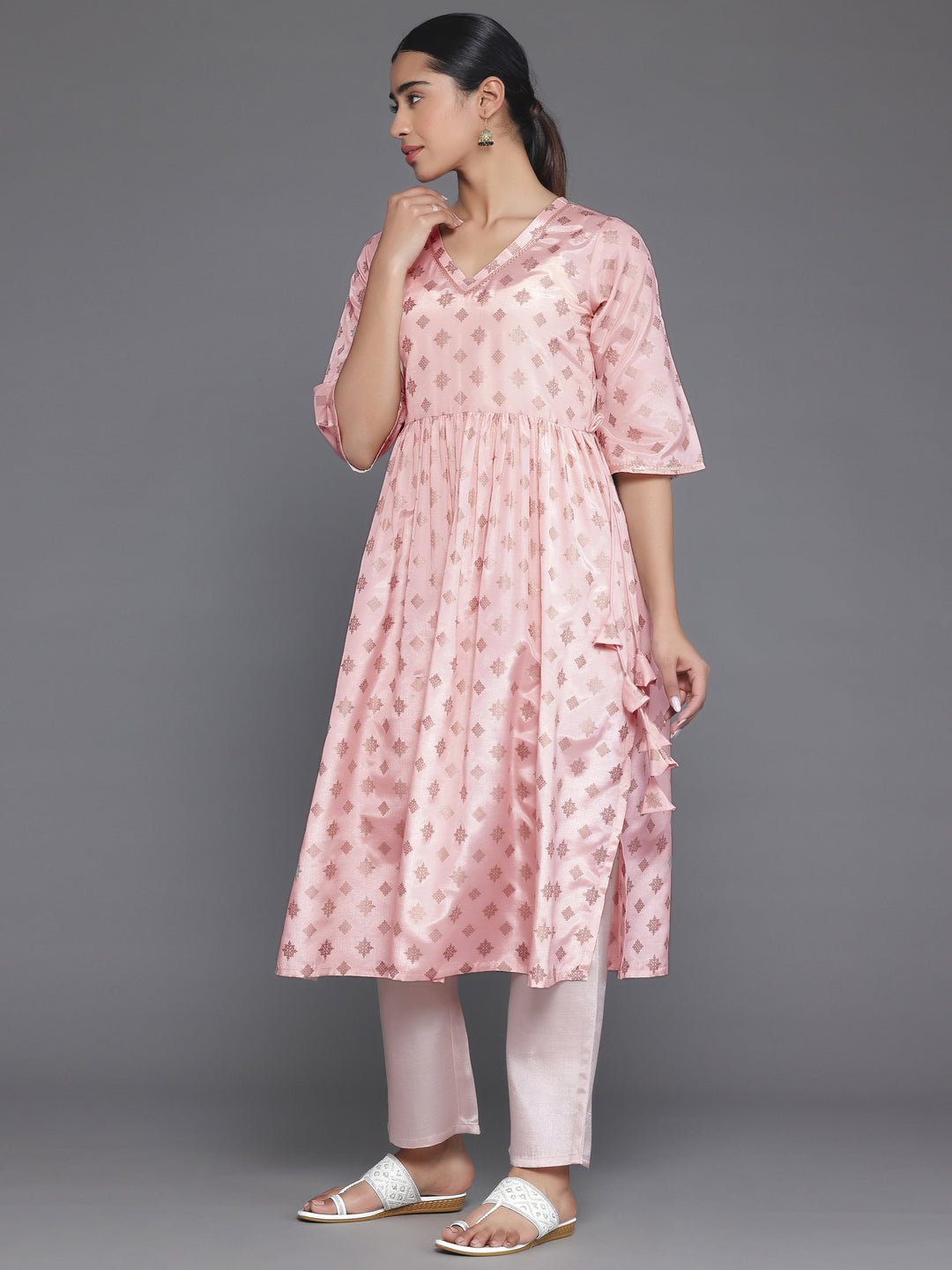  Peach Printed Silk Blend A-Line Kurta With Trousers 
