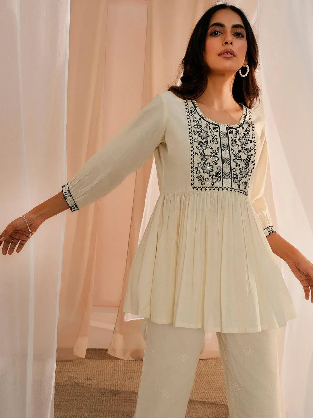 Off White Yoke Design Cotton A-Line Kurti - Libas 