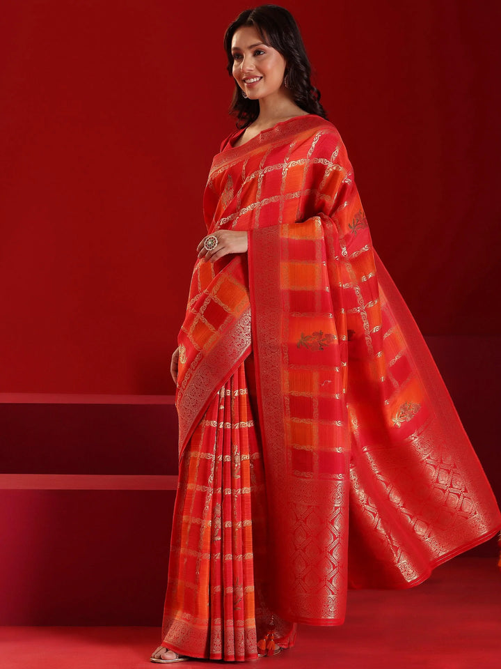Libas Art Orange Woven Design Satin Saree With Unstitched Blouse Piece - Libas
