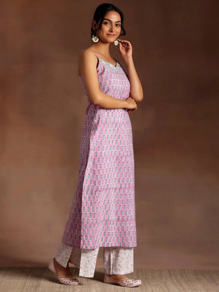 Pink Printed Cotton Straight Suit With Dupatta - Libas