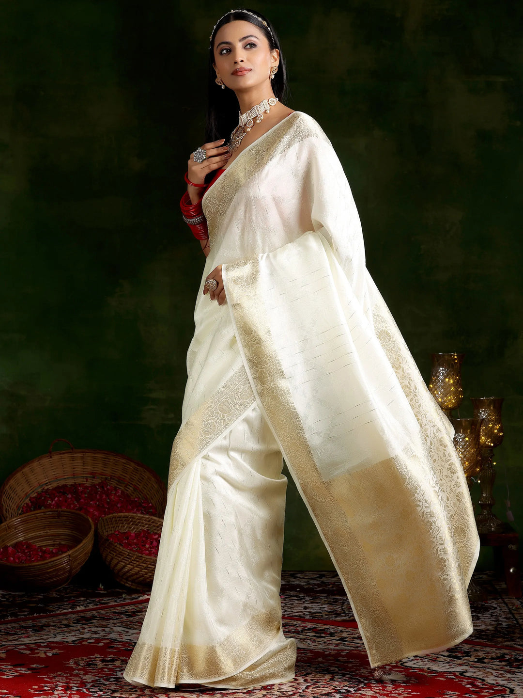  Off White Woven Design Silk Blend Saree With Unstitched Blouse Piece 