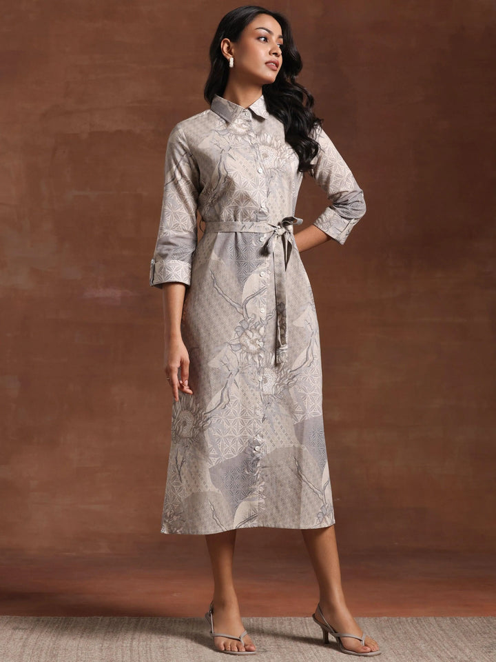 Off White Printed Linen Shirt Dress - Libas