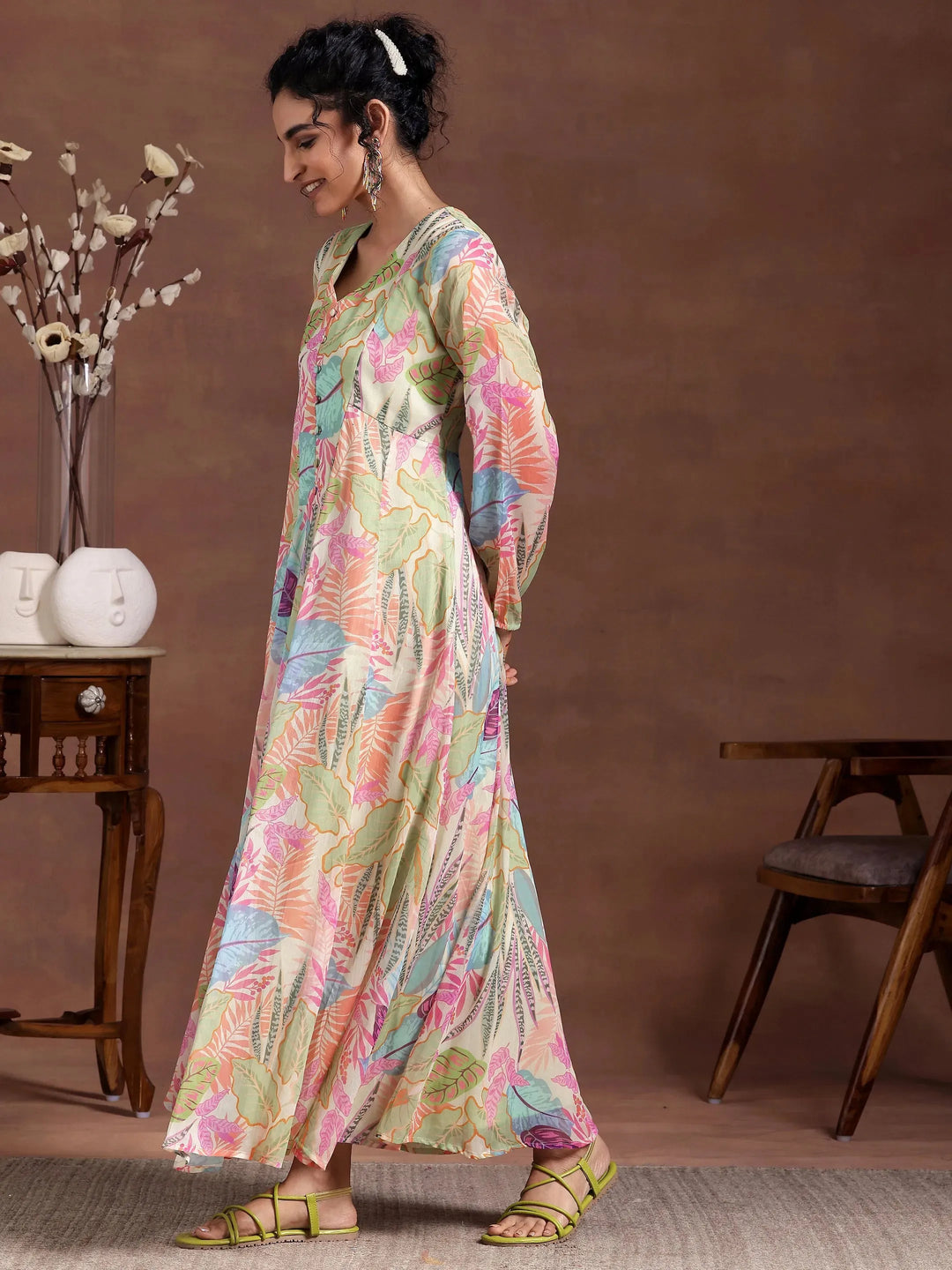  Green Printed Chiffon A-Line Dress 