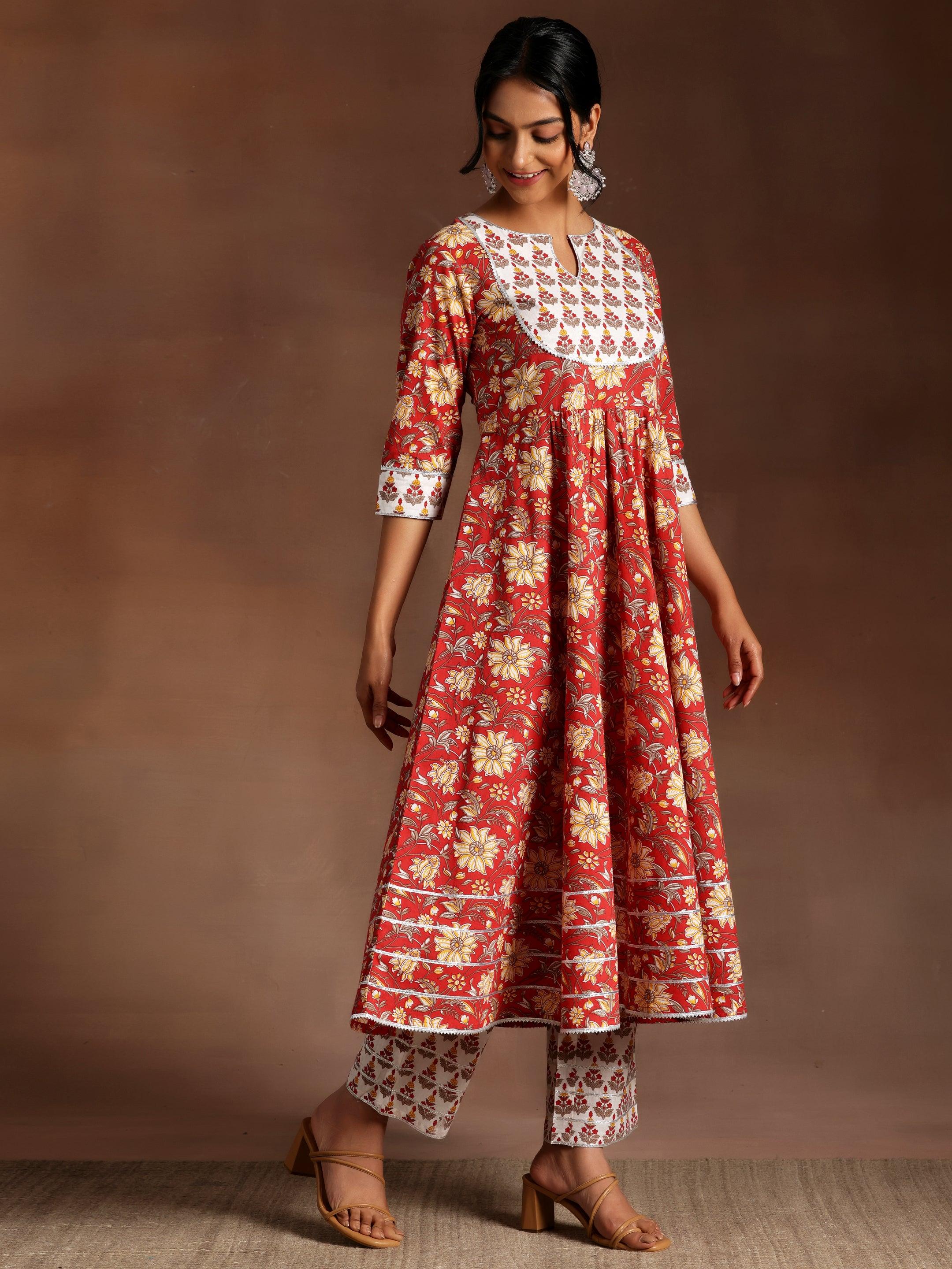 Red Printed Cotton Anarkali Suit With Dupatta