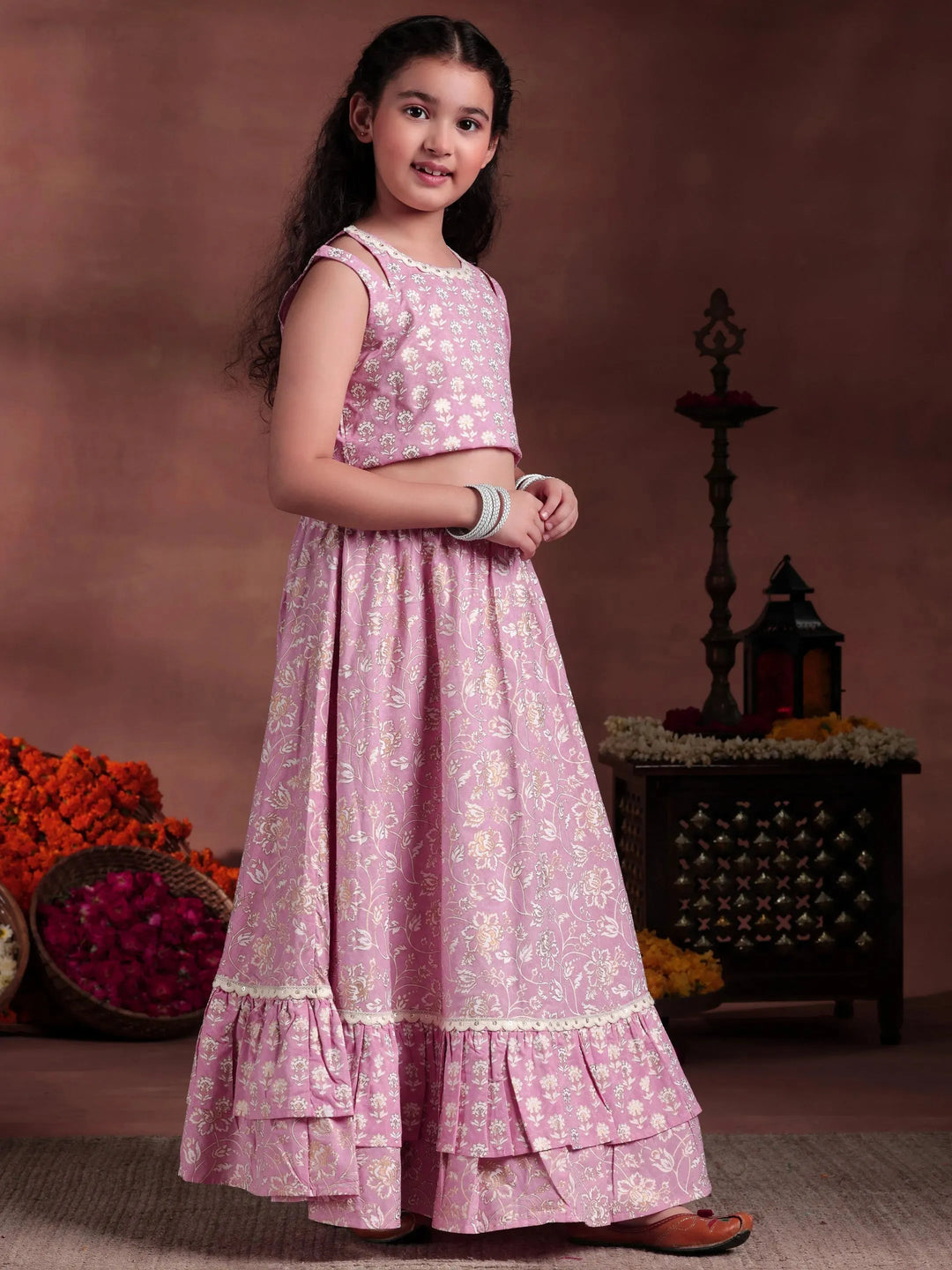  Pink Printed Cotton Lehenga Choli 
