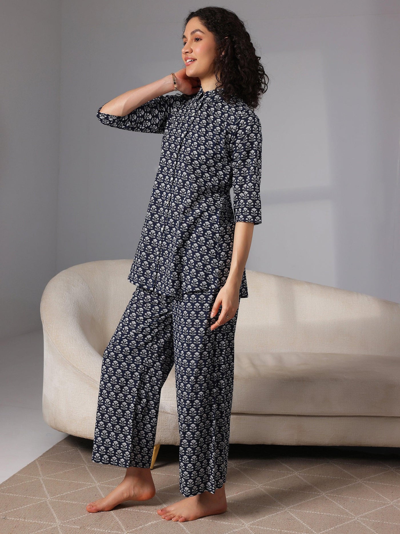 Navy Blue Printed Cotton Night Suits - Libas