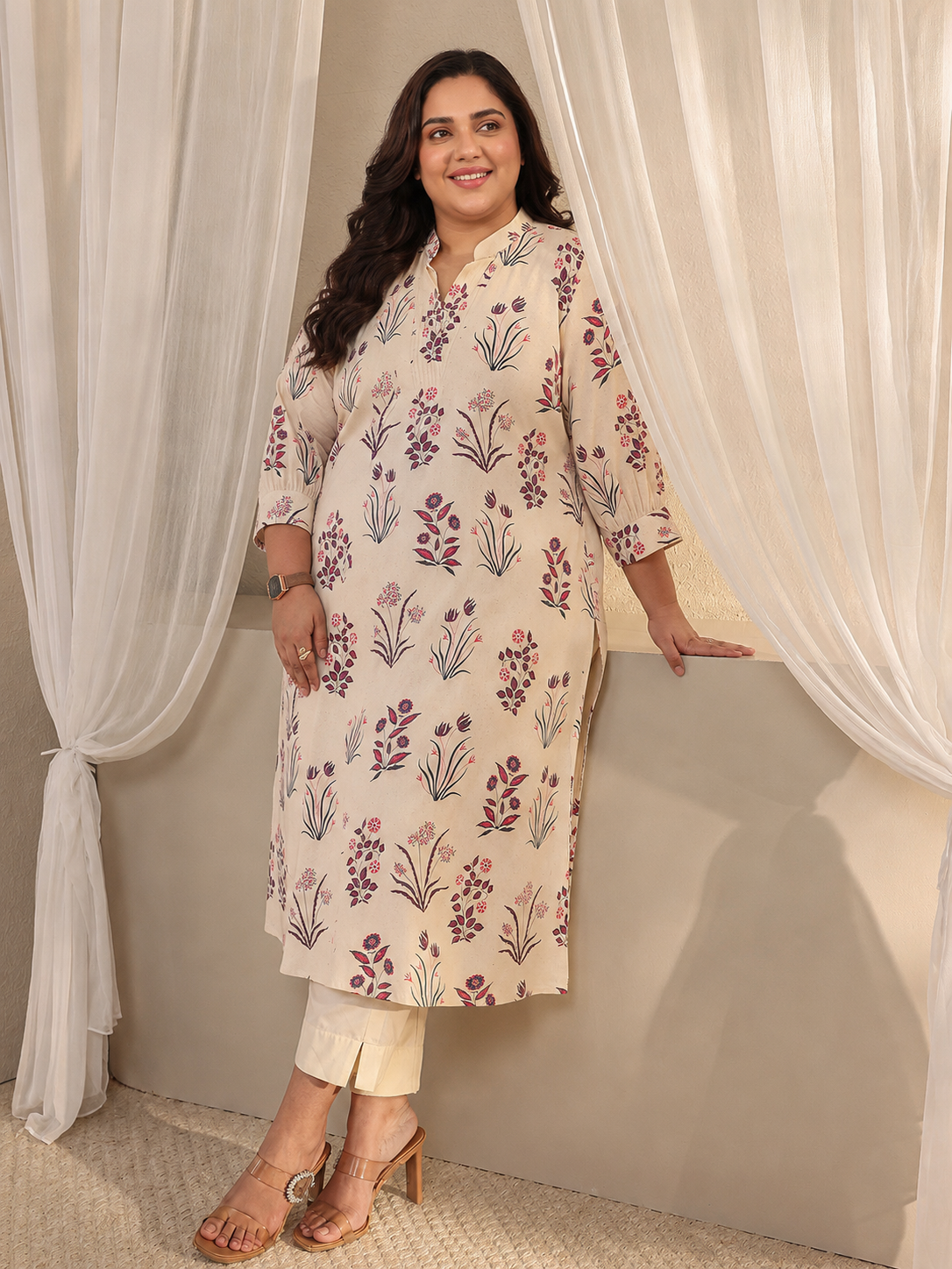 libas Plus Size Off White Floral Printed Cotton A-Line Kurta-picture-55