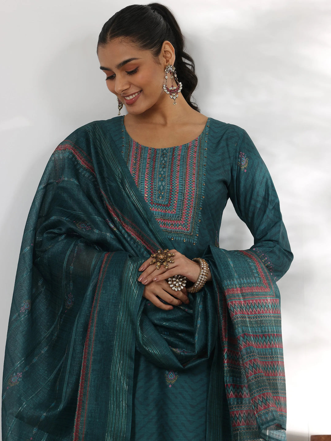  Teal Green Printed Silk Blend Straight Suit With Dupatta 