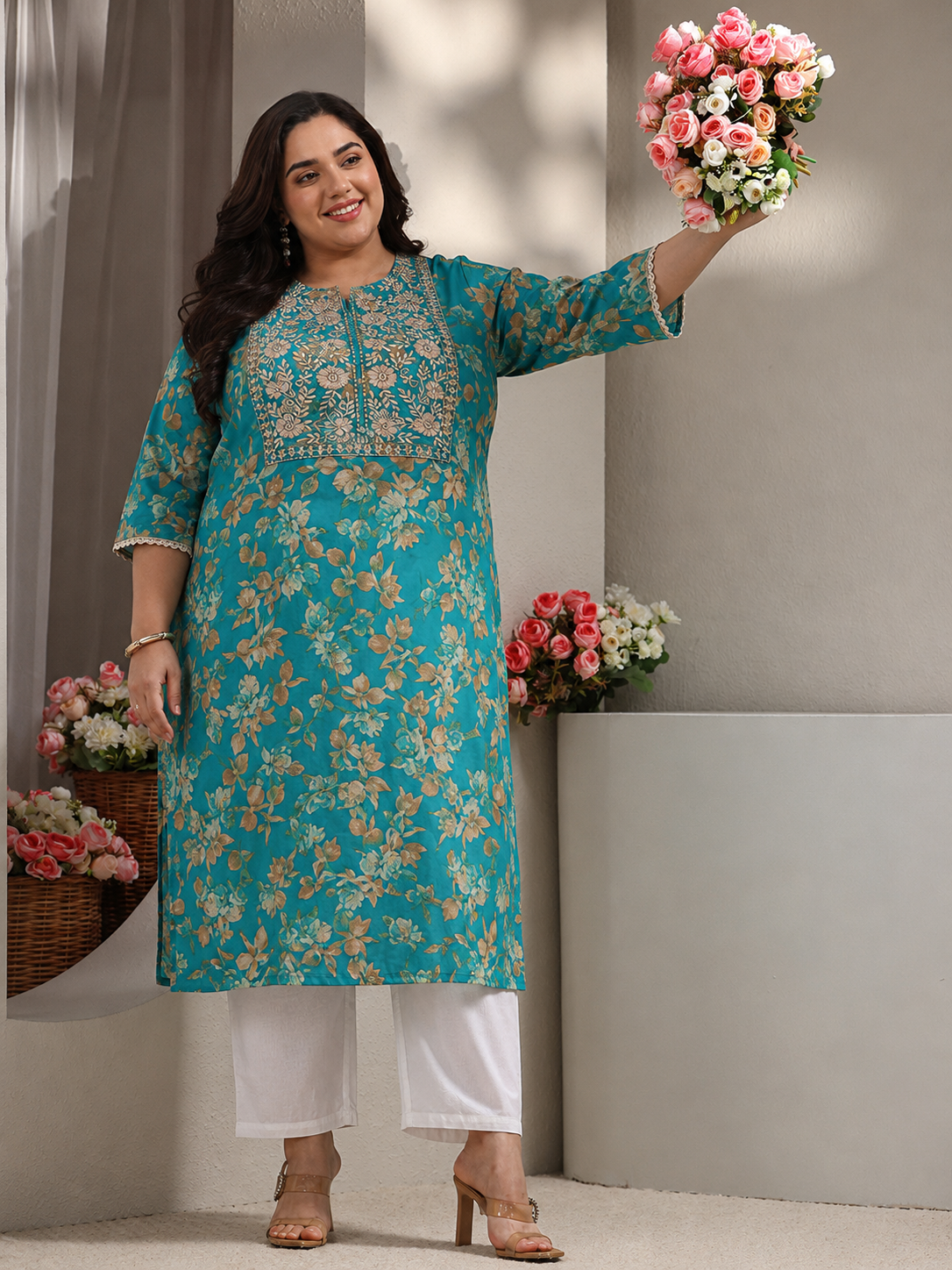 libas Plus Size Blue Floral Printed Silk Blend Straight Kurta-picture-22