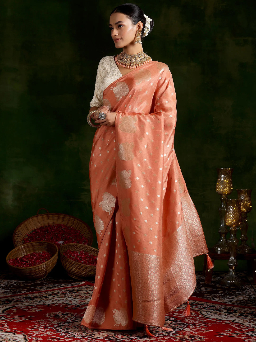  Peach Woven Design Silk Blend Saree With Unstitched Blouse Piece 