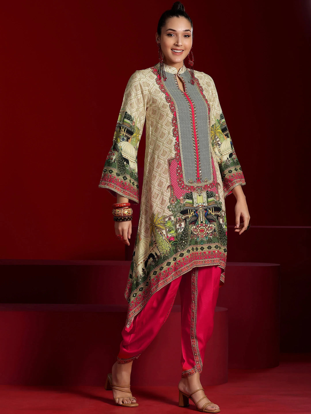  Libas Art Beige Printed Silk Blend Co-Ords 