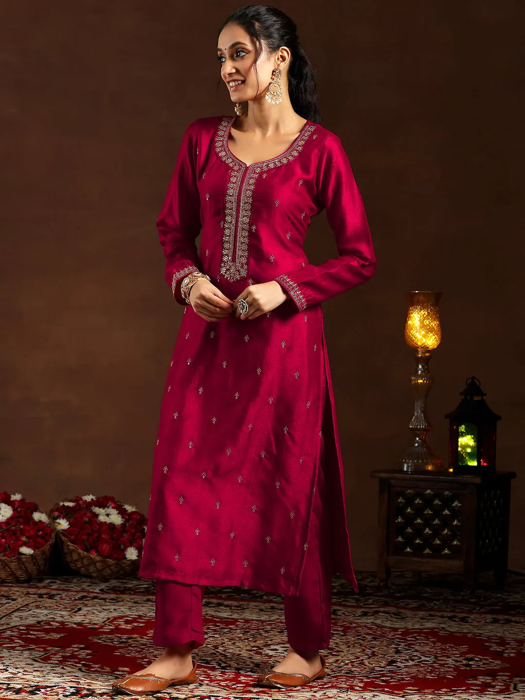  Red Embroidered Silk Blend Straight Suit With Dupatta 