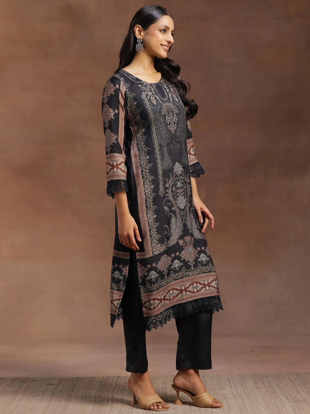 Grey Printed Silk Blend Straight Suit With Dupatta - Libas 