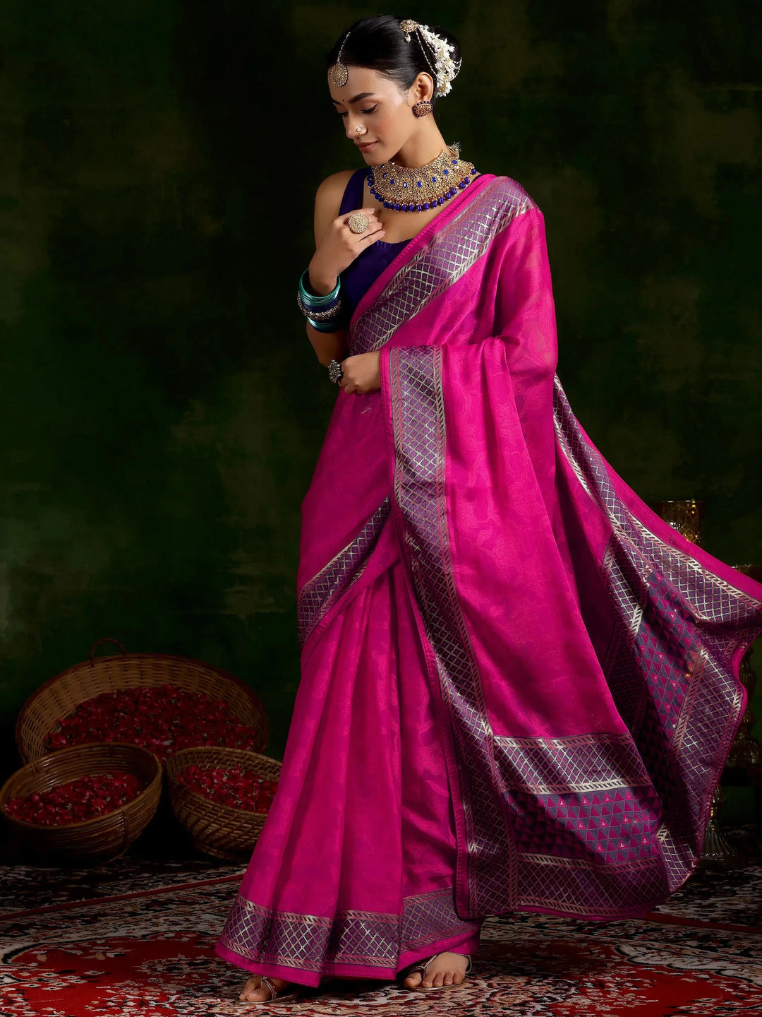  Pink Printed Silk Blend Saree With Unstitched Blouse Piece 