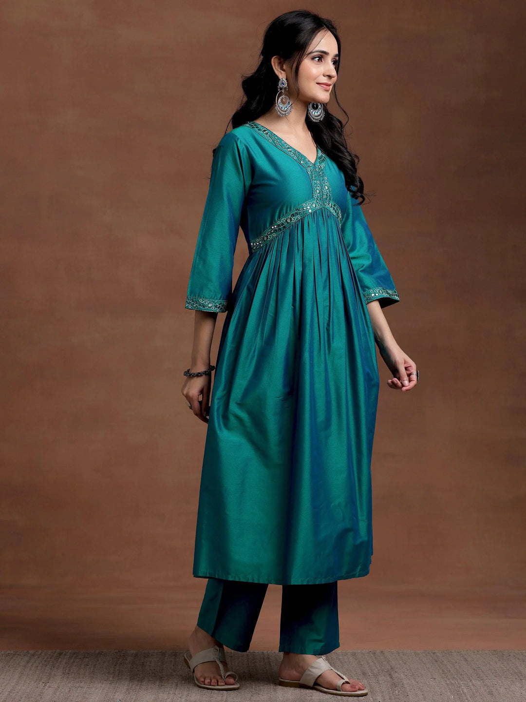 Teal Blue Solid Silk Blend A-Line Kurta With Trousers - Libas 