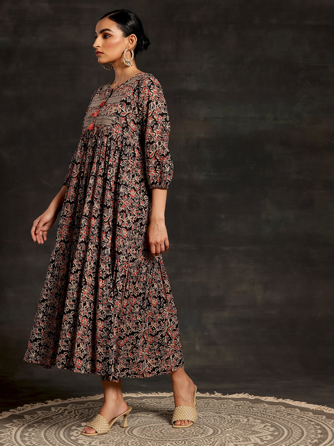  Black Printed Cotton A-Line Dress 