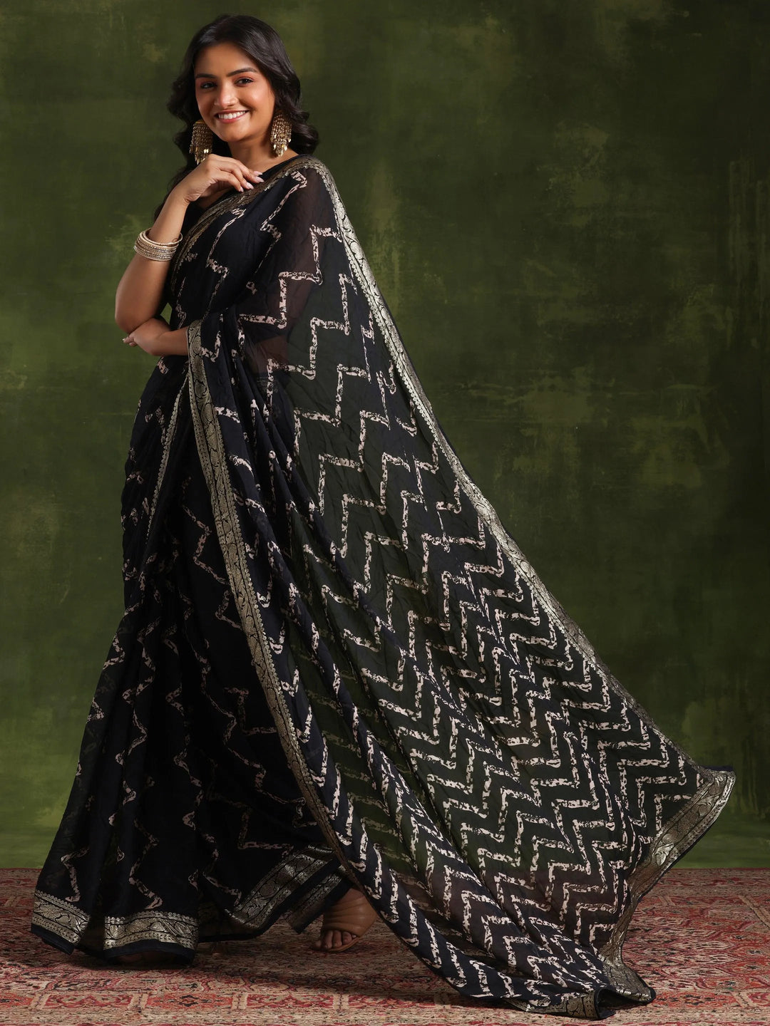 Black Printed Poly Georgette Saree With Unstitched Blouse Piece - Libas 