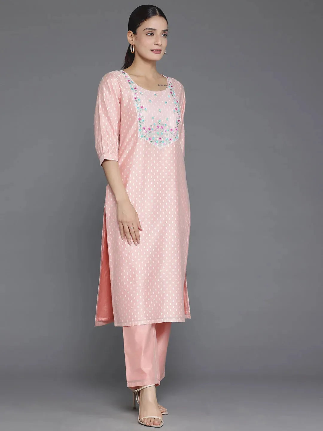  Peach Printed Chanderi Silk Straight Kurta Set 