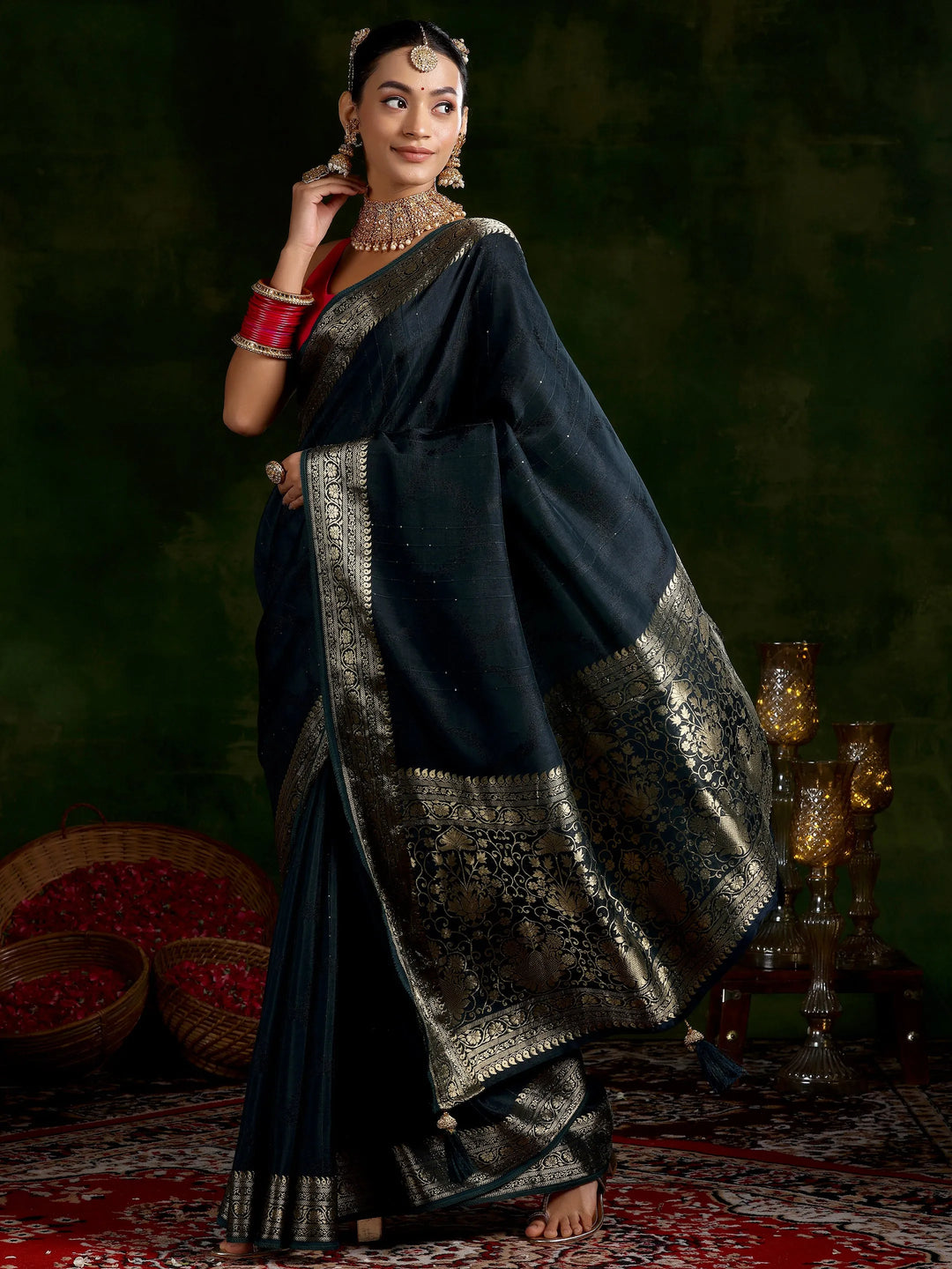  Teal Woven Design Silk Blend Saree With Unstitched Blouse Piece 