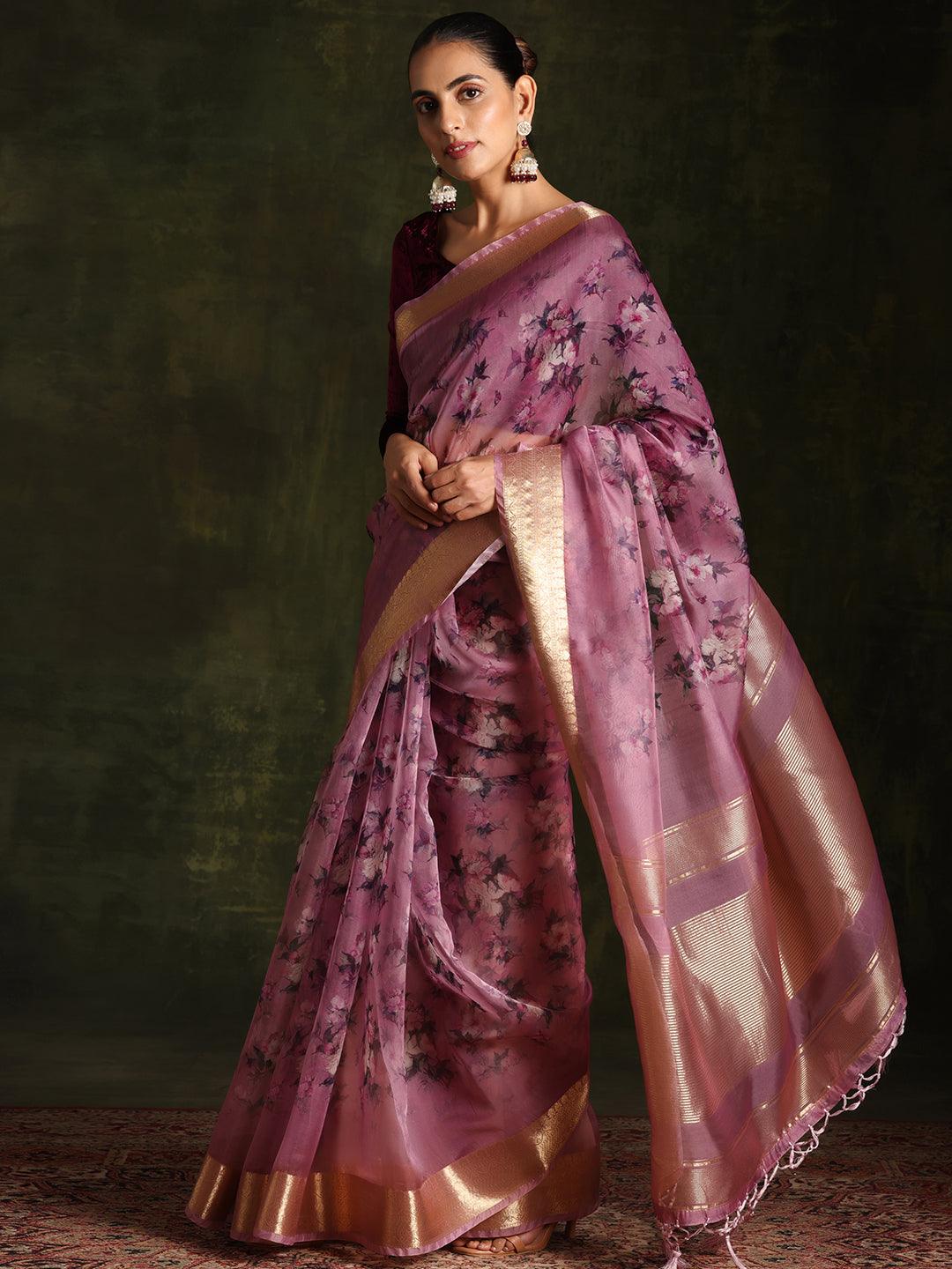 Purple Printed Organza Saree With Unstitched Blouse Piece - Libas