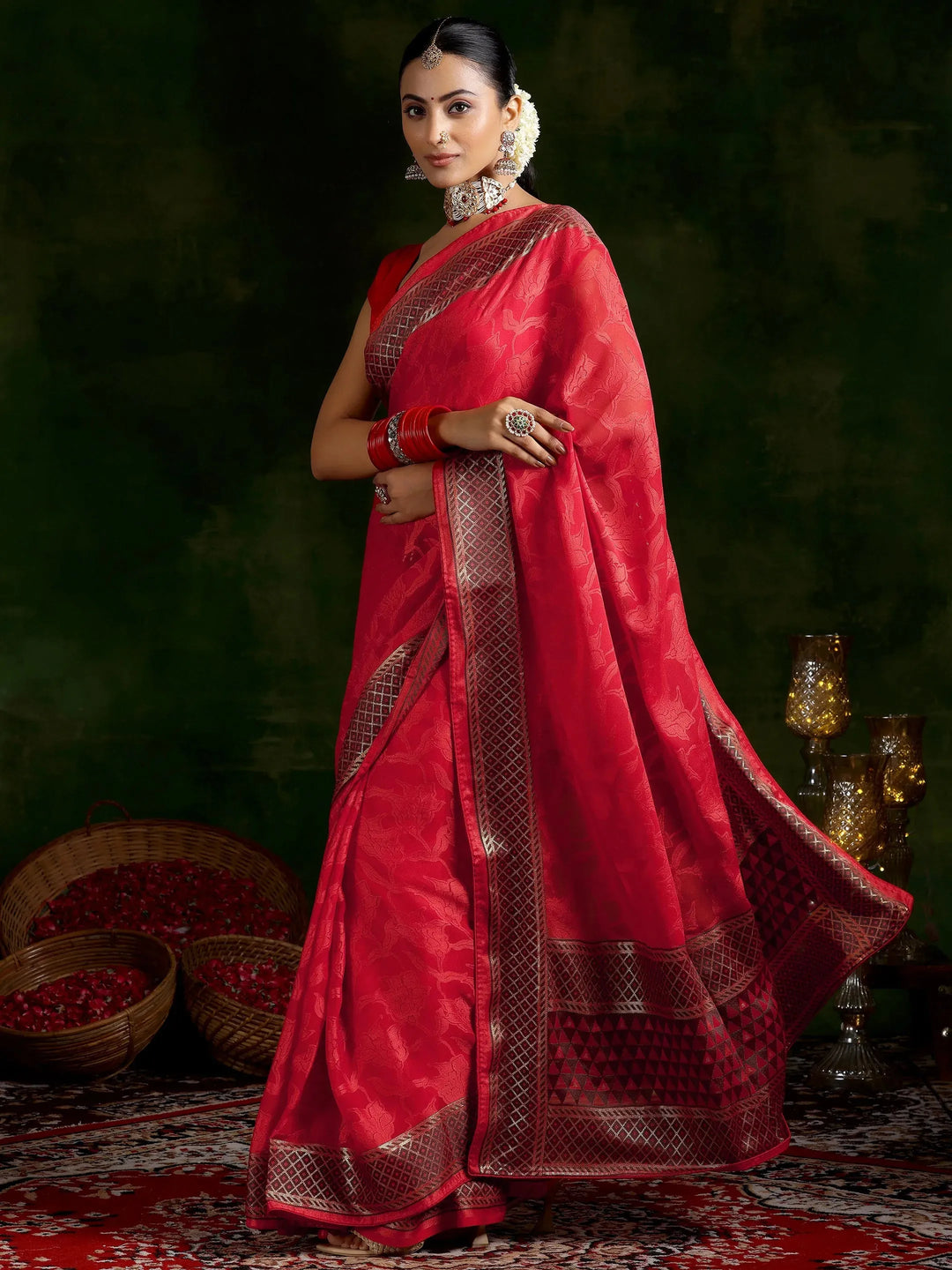  Red Printed Silk Blend Saree With Unstitched Blouse Piece 