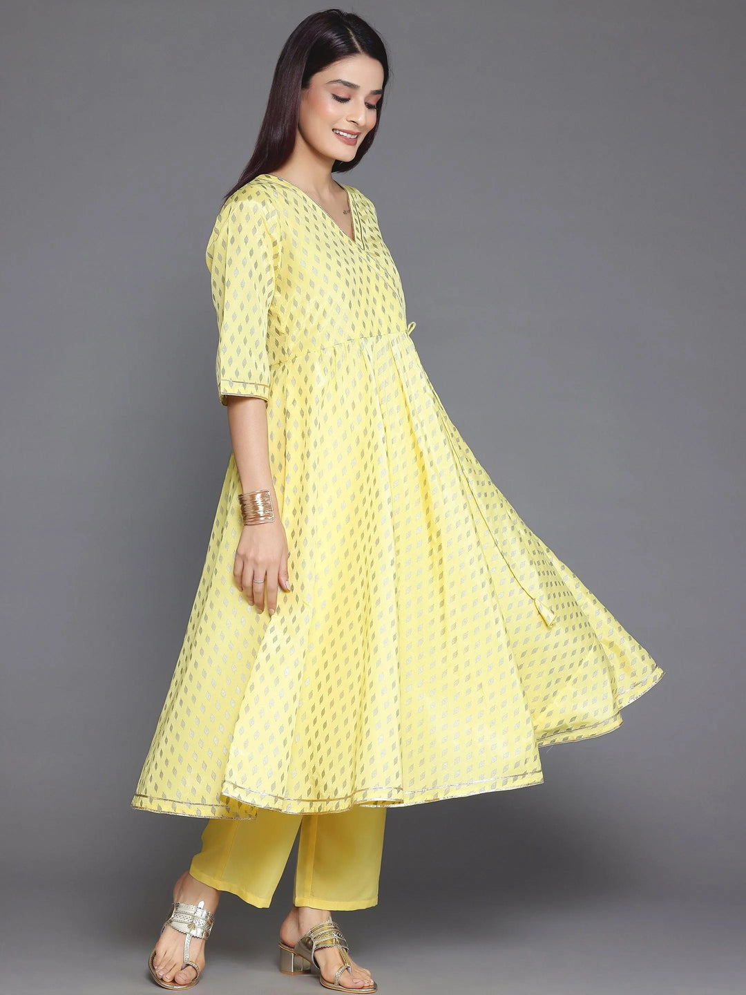 Yellow Printed Silk Blend Anarkali Kurta Set - Libas 