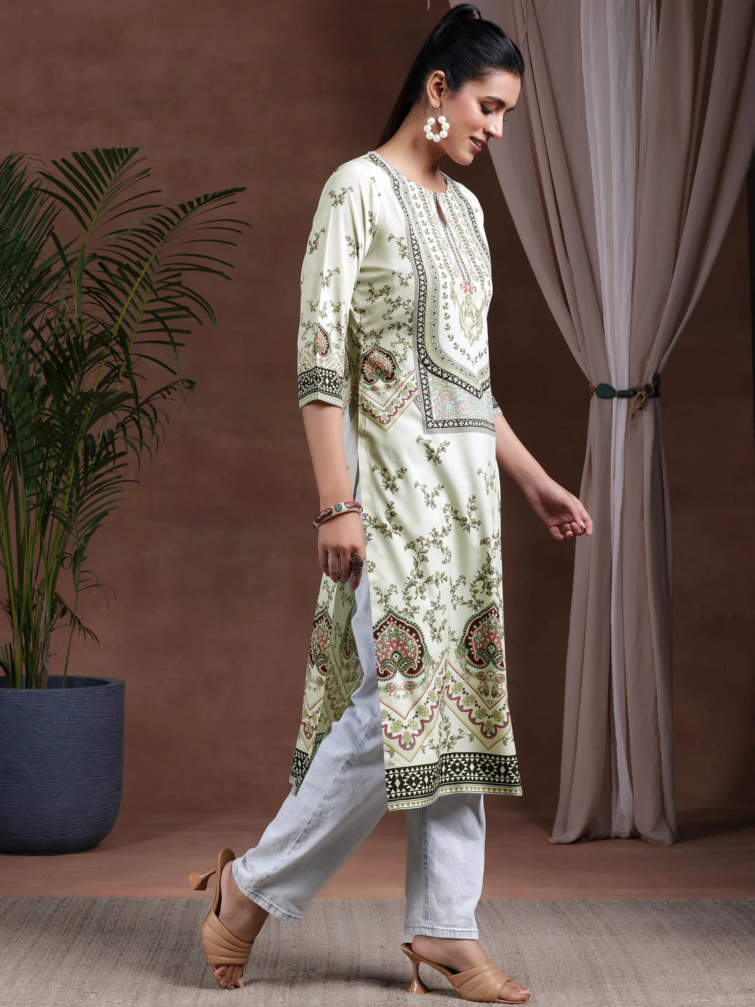  Beige Printed Crepe Straight Kurta 