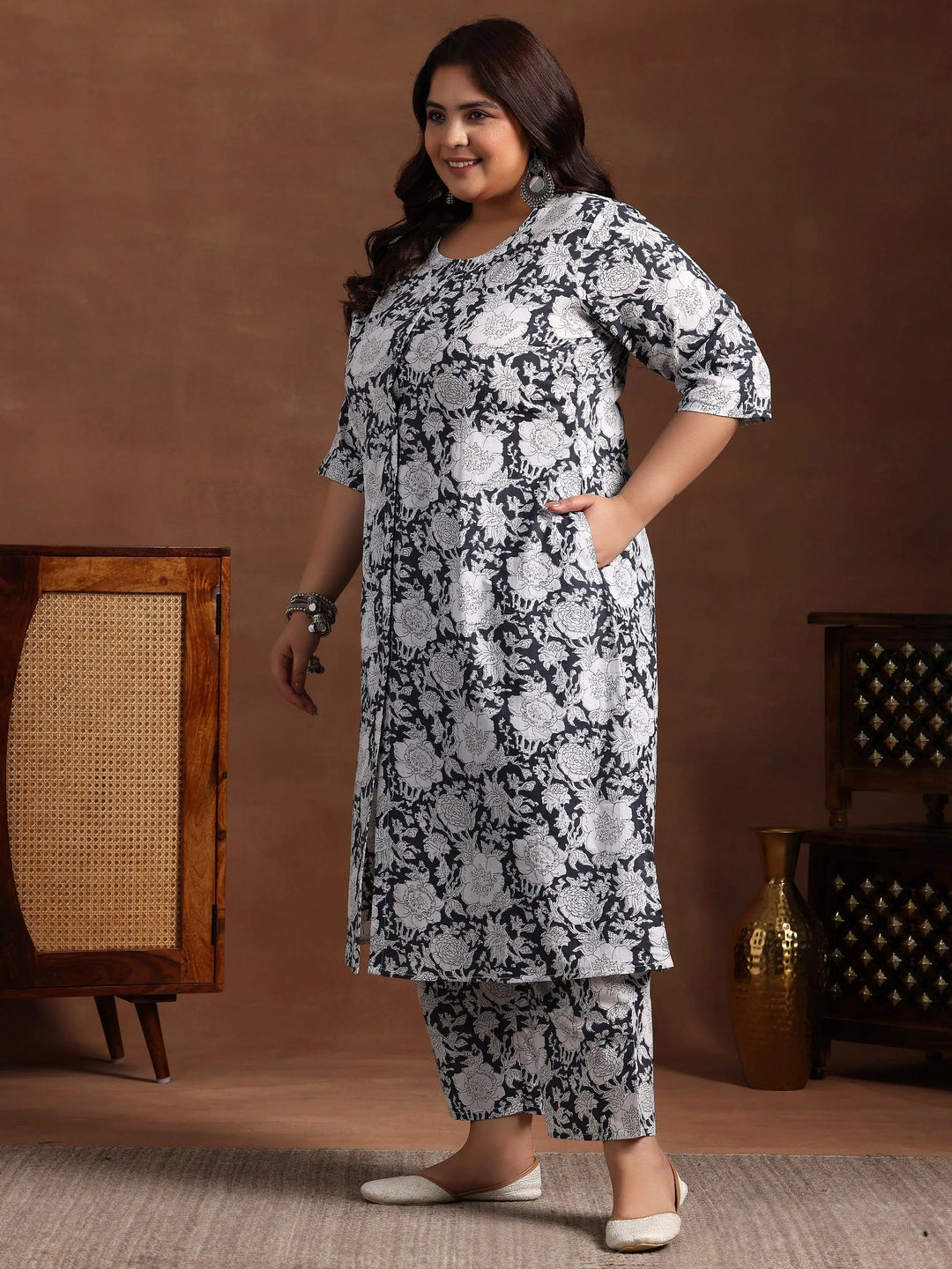 Plus Size Grey Printed Cotton Co-Ords - Libas 