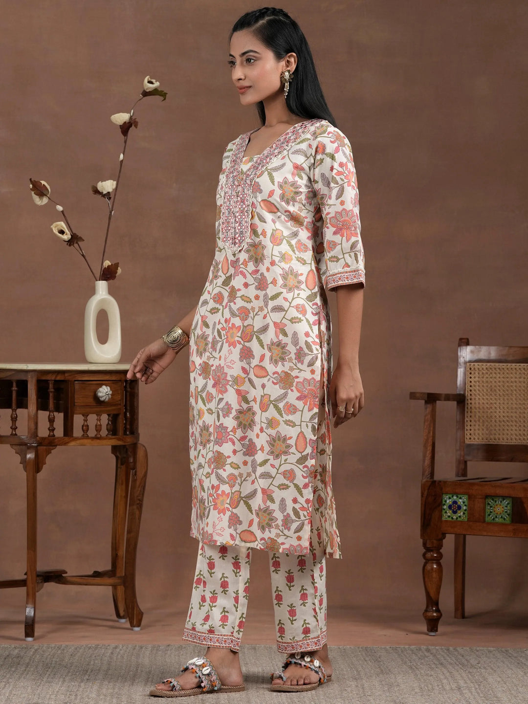 Off White Printed Cotton Straight Suit With Dupatta - Libas 