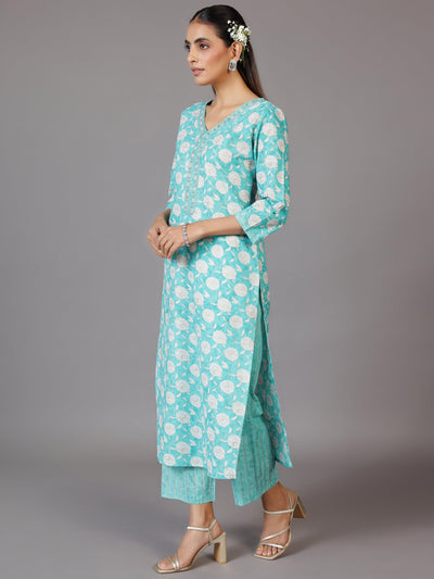 Turquoise Printed Cotton Straight Suit With Dupatta - Libas