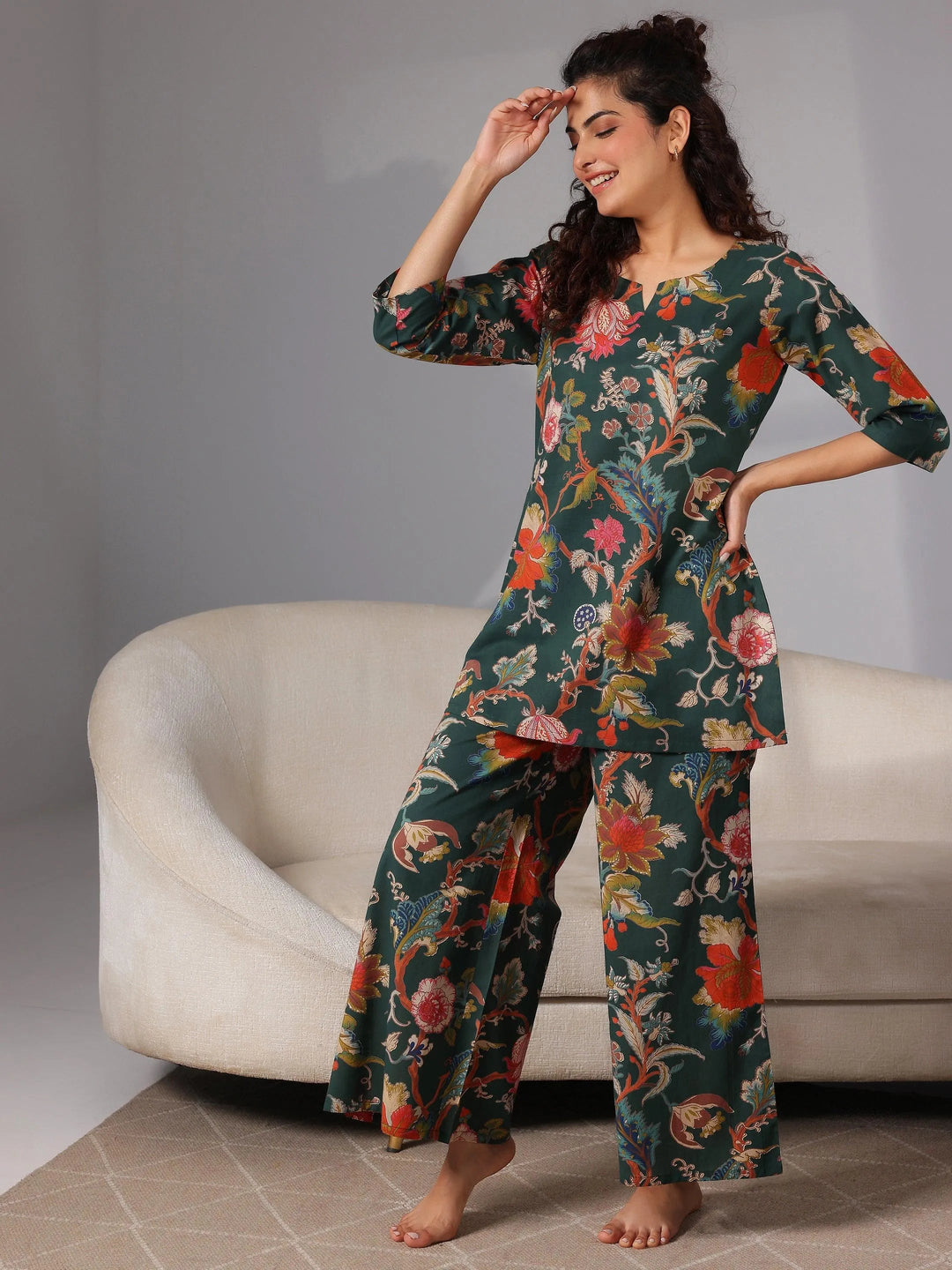 Green Printed Cotton Night Suits - Libas 